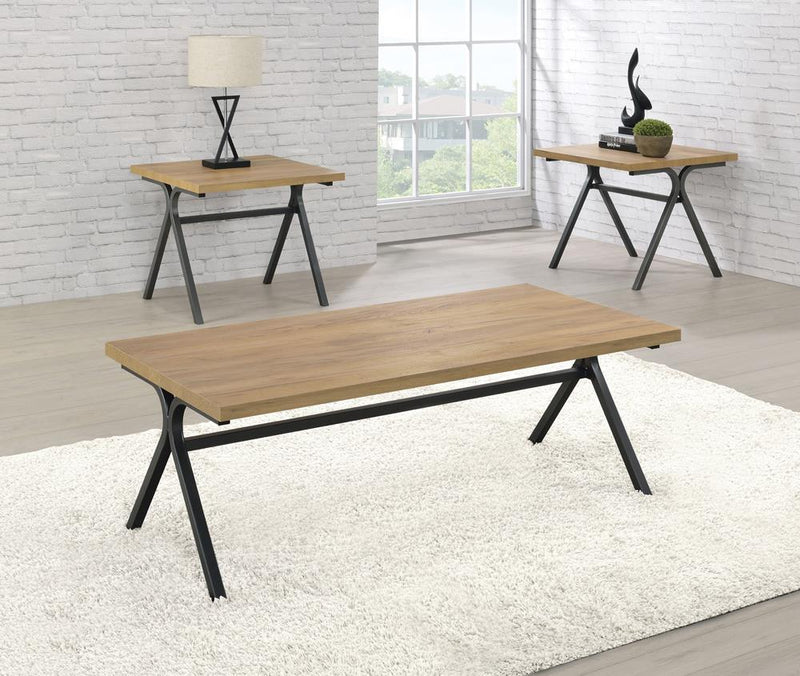 Colmar 3-piece Trestle Occasional Table Set Golden Oak and Gunmetal - Theo's Factory Direct Mattress & Furniture (Columbus, OH)