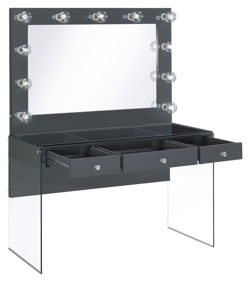Afshan 3-drawer Vanity Desk with Lighting Mirror Grey High Gloss - Theo's Factory Direct Mattress & Furniture (Columbus, OH)