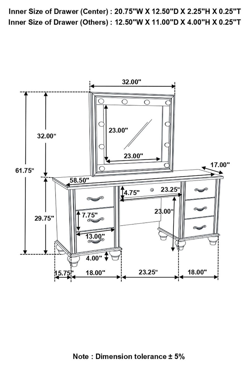 Barzini 7-drawer Vanity Desk with Lighted Mirror White - Theo's Factory Direct Mattress & Furniture (Columbus, OH)